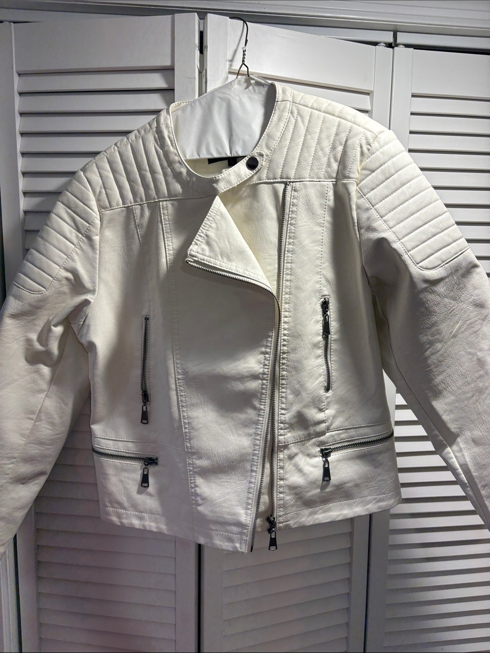 Olivia Miller White Quilted Moto-Style Leather Jacket
